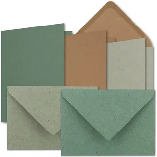 60x Karten-Set DIN B6 - Kraftpapier Braun - Kraftpapier Grau - Kraftpapier Eukalyptus - Faltkarten mit Umschläge - 3 Farben - 12 x 17 cm & Umschläge - 12,5 x 17,5 cm