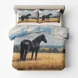 Generisch Pferde Bettwäsche 160x200 cm Bügelfreie - Wiese Wild Tiere Muster, Renforce Wendebettwäsche Bettbezug 3-teilig Set Cozy Mikrofaser Mit Reißverschluss, 2 Kissenbezug, Geschenk Pferde LS3858