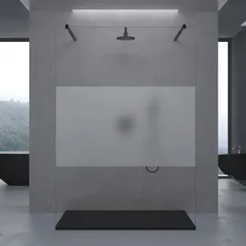 doporro Duschwand Duschtrennwand 130x200 Walk-In Dusche schwarz mit Doppel-Stabilisator aus Echtglas 8mm ESG-Sicherheitsglas Milchglas-Streifen