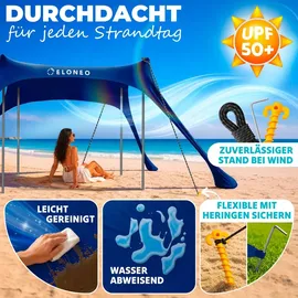 eloneo Strandzelt, Sonnensegel Strand 228x214x200 cm, LSF 50+, Sonnenschutz für Strand mit Sandschaufel, Heringen und 4 Stabilitätsstangen, 4 Personen, Navy