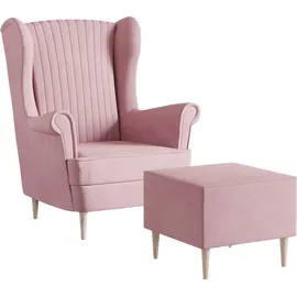 moeblo Ohrensessel, Sessel aus Samstoff, Stuhl, Sitzmöbel, Polstersessel, Relaxsessel - Sessel Comfy mit Hocker - Rosa (Manila 09) - Rosa