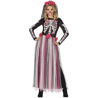 FIESTAS GUIRCA Rosen Skelett Tag der Toten Kostüm – Langes Kleid mit Blumen Schleier Halloween Kostüm Erwachsene Damen Größe 36-38 M