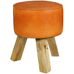 Kadima Design Country-Stil Sitzhocker, Ziegenleder, Holzgestell, 45 cm - Robust & Handgefertigt. 37x37x45 cm