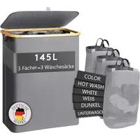 Luxus-Home Wäschekorb mit Deckel, 3 Fächer, grau, 145L Wäschesack Wäschesortierer Wäschesammler Wäschebox Wäschetonne Wäschetruhe Laundry baskets Waschekorbsammler