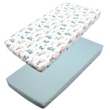 TupTam Baby Spannbettlaken Kinder Spannbetttuch für Babybett Kinderbett 2er Pack, Farbe: Füchse im Flugzeug/Grün, Größe: 90 x 200 cm