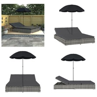 vidaXL Outdoor Loungebett mit Sonnenschirm Poly Rattan Grau - Sonnenliege - Sonnenliegen - Liegestuhl - Liegestühle
