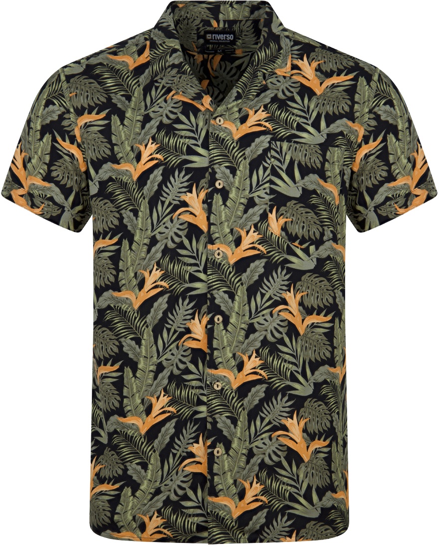 riverso Hawaii Hemd Männer Kurzarm RIVMick Regular Fit Regular Fit Leaves Schwarz XL