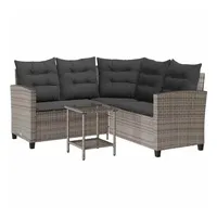 vidaXL Gartensofa in L-Form mit Tisch und Kissen Grau Poly Rattan