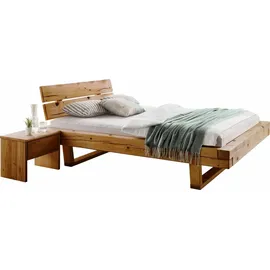Home Affaire Schlafzimmer-Set Ultima, 3-tlg., Bettgestell & 2 Nachttische aus massivem Fichtenholz, (Set, 3-tlg., Liegefläche 180x200cm, Belastbarkeit je Seite bis zu 200kg), Scandi Rustikale Balken-Optik, FSC®-zertifiziert, Pro Seite bis 200 kg beige