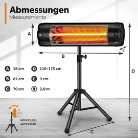 TRESKO Heizstrahler Infrarot 2500W schwarz mit Fernbedienung & Abdeckung | Wärmestrahler elektrisch mit 3 Heizstufen | Terrassenstrahler Innen & A... - Schwarz