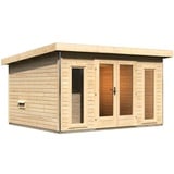 Woodfeeling Karibu Saunahaus Mainburg 2 mit Vorraum - 38 mmnaturbelassen Set A (Sauna B 2 x T 1,7 m mit 2 Liegen 57 cm) Ohne Ofen inkl. 8-teiligem gratis Zubehörpaket (Gesamtwert 191,92€)