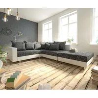 DELIFE Ecksofa Clovis Weiss Schwarz Hocker Armlehne Ottomane Rechts modular - Schwarz/Weiß