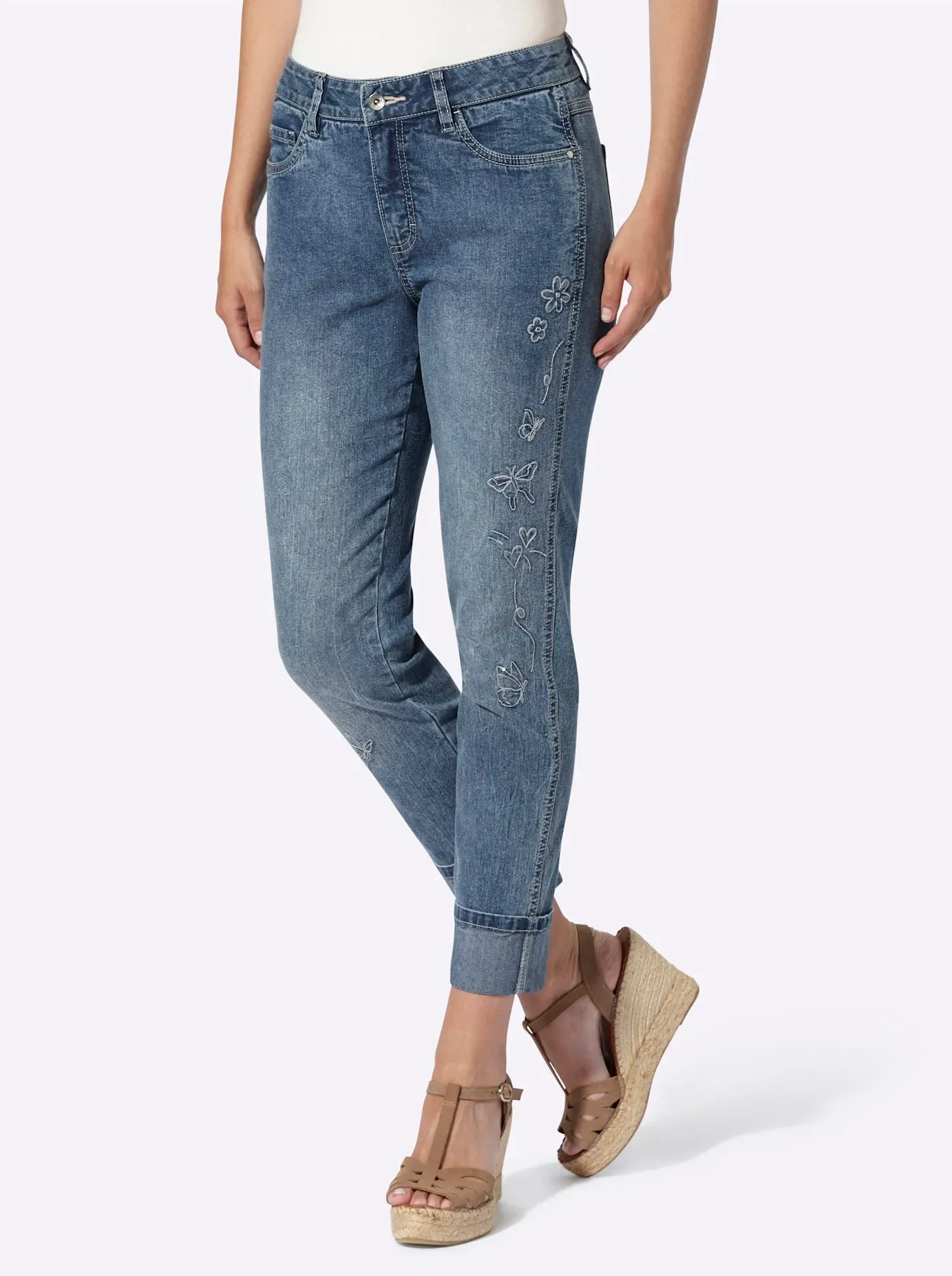 5-Pocket-Jeans HEINE, Damen, Gr. 36, Normalgrößen, blau, bleached, 81% Baumwolle, 17% Polyester, 2% Elasthan, unifarben, 7/8-Länge, Jeans 5-Pocket-Jeans