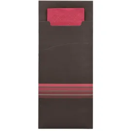 Papstar Bestecktaschen 20 cm x 8,5 cm schwarz/bordeaux "Stripes" inkl. farbiger Serviette 33 x 33 cm 2-lag. mit passender
