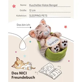 NICI 49747 - Sleeping Pets, Katze Bengal 12cm, schlafend im Körbchen (grün), Plüsch, GREEN