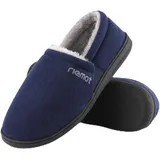 riemot Memory Foam Mokassin Hausschuhe Herren Plüsch Fleece Warme Wildleder Pantoffeln Rutschfeste Gummisohle für den Innen- und Außenbereich mit beidseitigen elastischen Riemen Blau Gr.47 - 47 EU