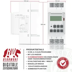 BEARWARE Zeitschaltuhr digital - für DIN Hutschienen im Verteilerschrank Schalttafeln - 2 Klemmen Input, 3 Klemmen Output - 16A/3680W