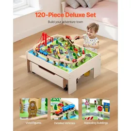 Vevor Holz Aktivitätstisch 100-teilig 3-in-1-Eisenbahntisch zum Spielen Malen Lesen Essen