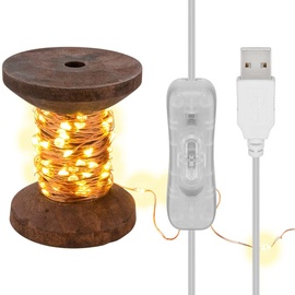 goobay 60341 LED-Lichterkette Garnspule, klein/Retro- Dekorationslampe/stilvolle Innendekoration/warmweißes, beruhigendes Licht/Lichterkette abnehmbar/Echtholz