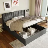 ULIFE Hydraulisches Polster-Doppelbett, massivholz, Leinen, Grau, 160x200 cm - Grau