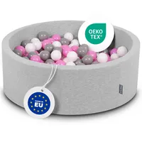 KiddyMoon Bällebad 90X30cm/300 Bälle ∅ 7Cm Bällepool Mit Bunten Bällen Für Babys Kinder Rund, Hellgrau:Grau/Weiß/Hellpink