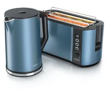 Arendo 2-teiliges Frühstücksset - Edelstahl Wasserkocher 1,5l, 4-Scheiben Langschlitz Toaster, Blau Matt