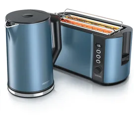 Arendo 2-teiliges Frühstücksset - Edelstahl Wasserkocher 1,5l, 4-Scheiben Langschlitz Toaster, Blau Matt