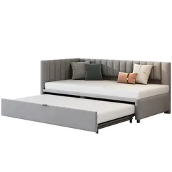 OKWISH L-förmiges Schlafsofa 90x200 cm mit ausziehbarem Bett, Samtpolster, Push-Pull-Mechanismus, Platzsparend, bequemes Schlaf- und Sitzmöbel,Grau