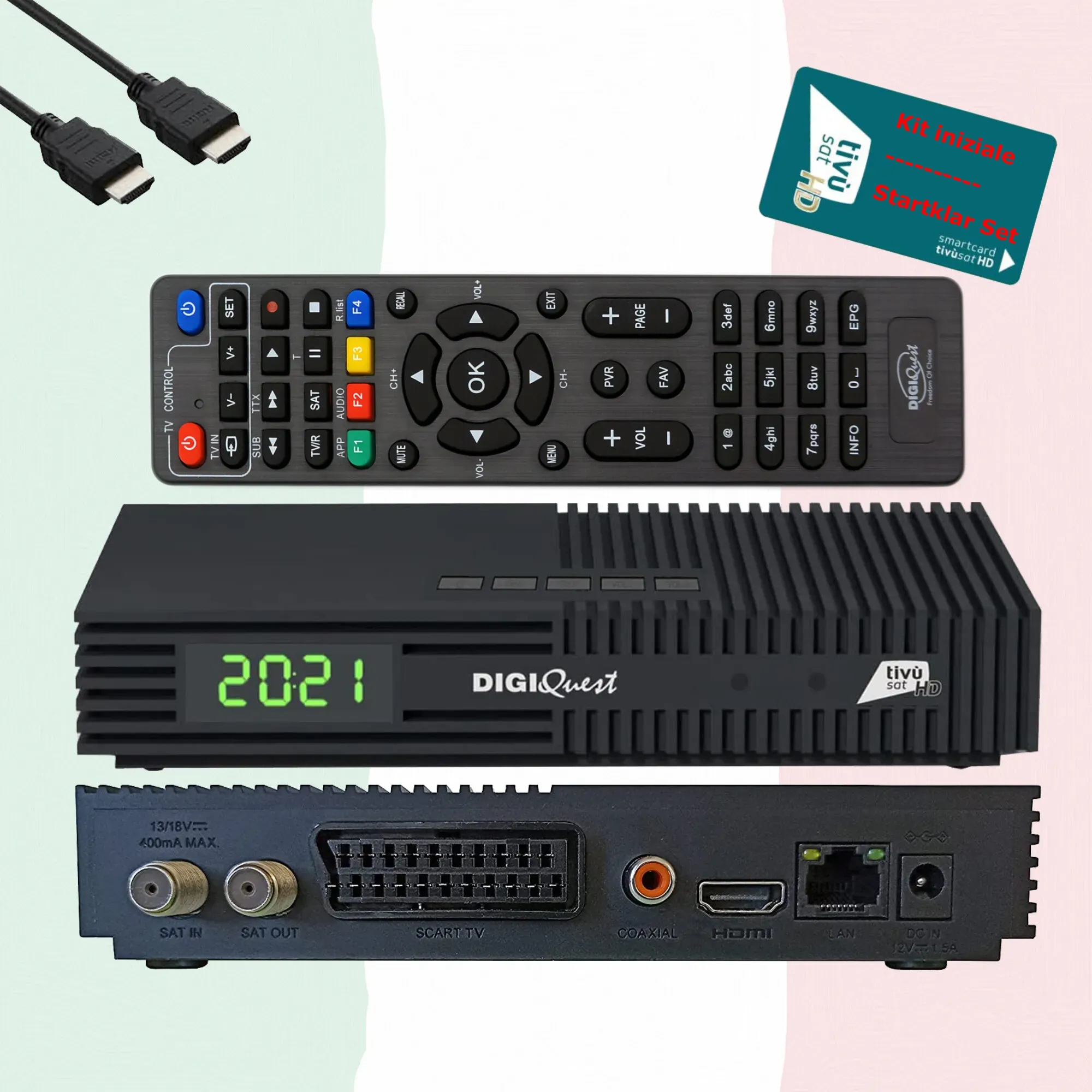 DIGIQuest Ti9 Sat Receiver DVB-S2 Full HD HEVC Tivusat zertifiziert mit aktivierter HD Karte – Italienisches Fernsehen (RAI, Mediaset, LA7) Hotbird 13° + HTS e-com HDMI Kabel
