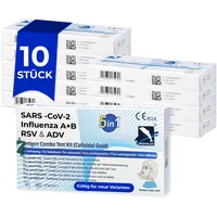 5in1 Antigen Schnelltest Atemwegsviren - 10 Stk. - COVID-19 Influenza A+B RSV ADV Kombi Schnelltest - Ergebnis in 15 Minuten - einfacher Nasenabstrich für Zuhause
