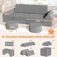 Tlgreen - 14 tlg Doppel Kindersofa Spielsofa Modulsofa Schlaffunktion Schaumstoffbausteine (Grau)