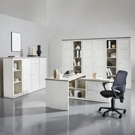 hom'in Hom`in Eckschreibtisch Grau, Weiß, Holzwerkstoff, 2 Schubladen, rechteckig, Wange, Sockel, 145.3x76x160 cm, Stauraum, seitenverkehrt montierbar, Arbeitszimmer, Schreibtische, Eckschreibtische