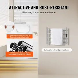 Vevor Handtuchtrockner Heizkörper Handtuchwärmer, beheizter Handtuchhalter mit 4 Stangen, wasserdichter Handtuchwärmer mit Timer und LED-Anzeige... - Silber