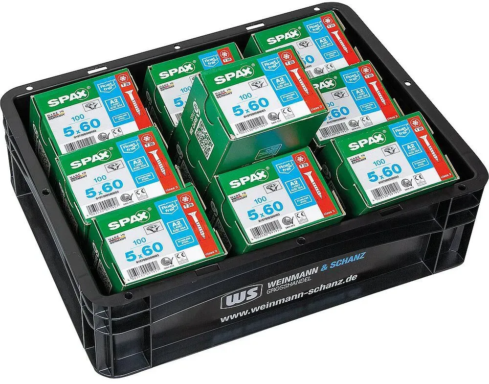 Vorteilspaket WS + SPAX®, Senkkopfschrauben Edelstahl A2 Teilgewinde ø 5,0 x 60 mm, 1000 Stück + gratis WS BOX