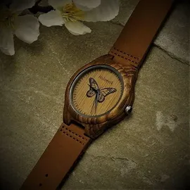 Holzwerk Germany Holzwerk MONARCH Damen Holz Leder Armband Uhr mit Schmetterling Muster, braun