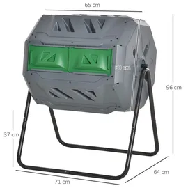 Outsunny Trommel-Komposter, 160L, Gartenkomposter mit 2 Kammern, Drehbarer Schnellkomposter, für Bio- und Garten-Abfälle, Grau