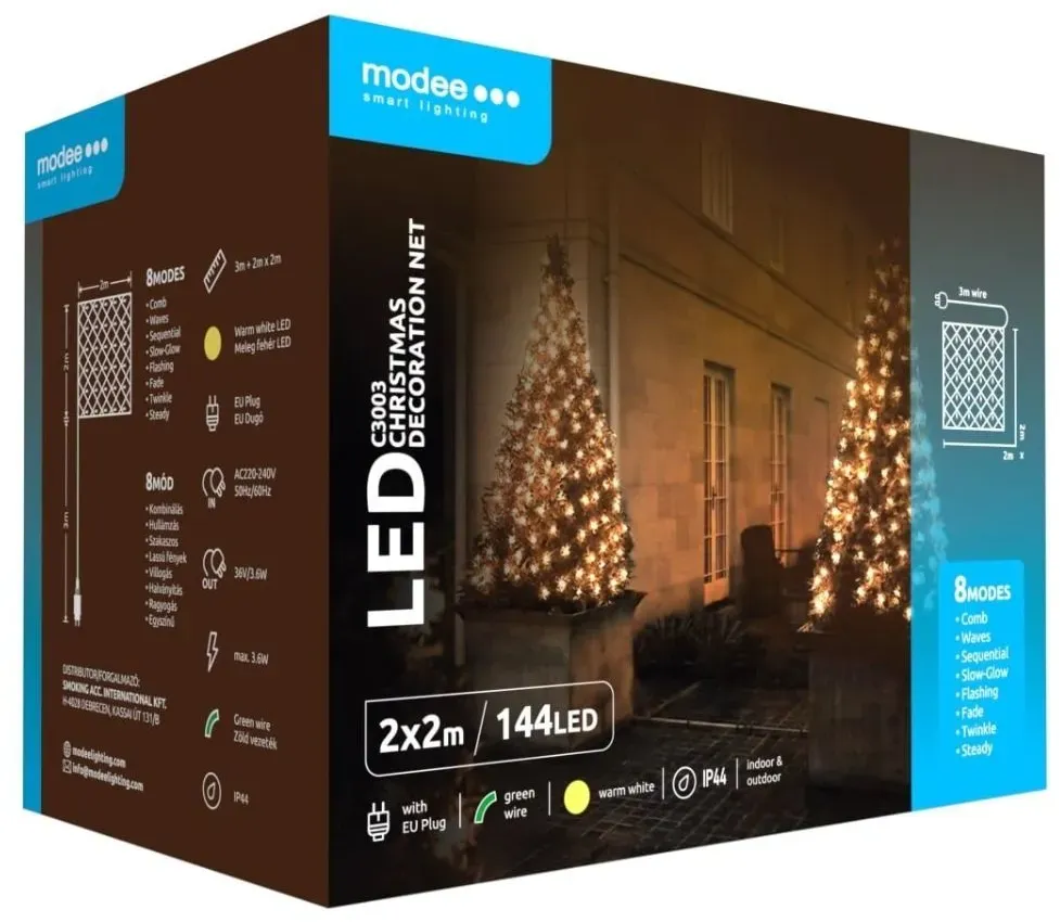 Modee | Weihnachtsbeleuchtung LED-Lichterkette | 2 x 2m | 144 Lichter mit 8 Lichtstufen | IP44 | Warmweißes Licht