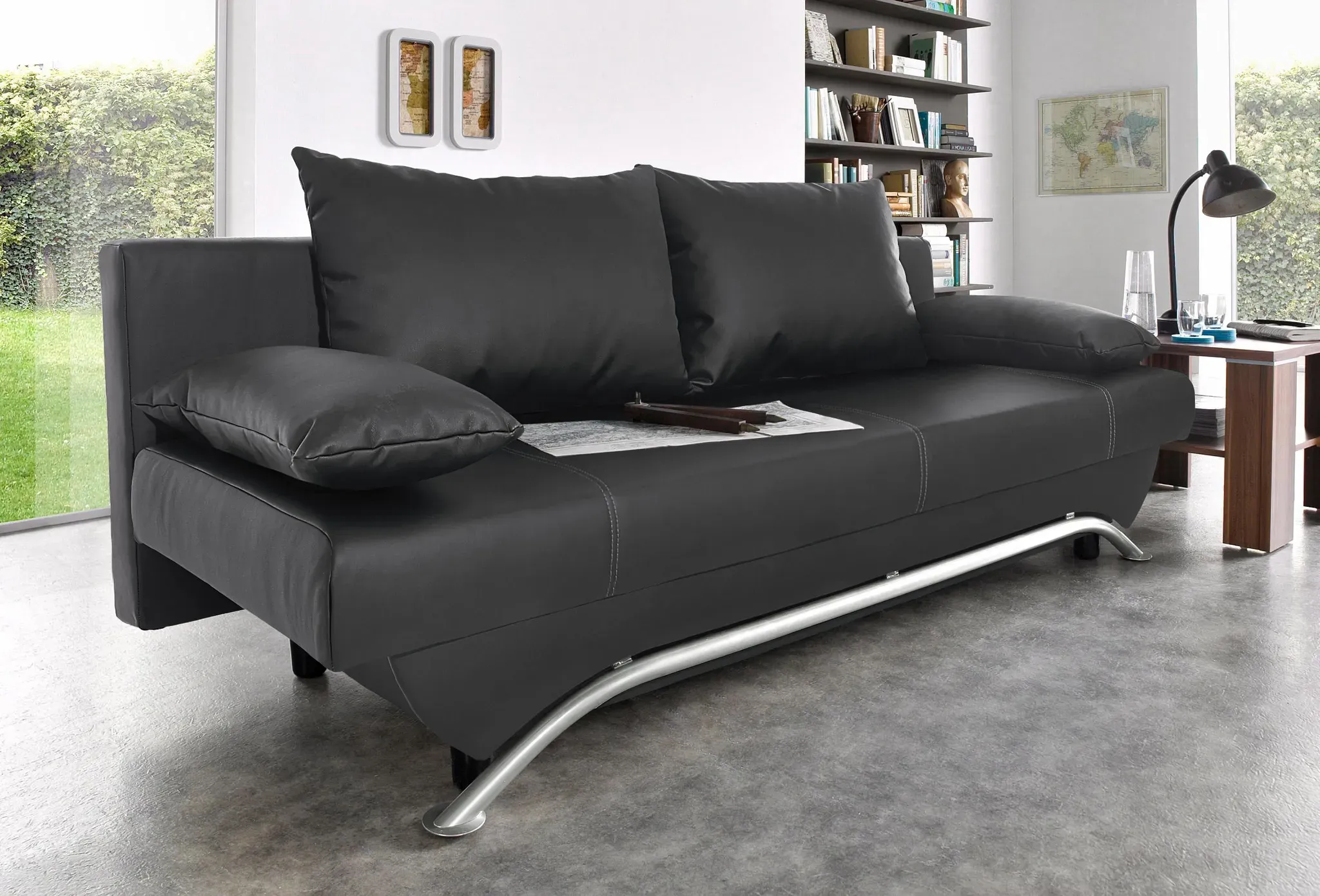 Schlafsofa JOCKENHÖFER GRUPPE "Nancy", schwarz, B:190cm H:81cm T:81cm, Luxus-Microfaser ALCATOP (100% Polyester), Kunstleder SOFTLUX, Zierkissen (100% Polyester), Sofas, inklusive Bettfunktion und Bettkasten, inklusive lose Rückenkissen