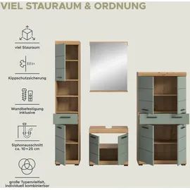 WELLTIME Badmöbel-Set WELLTIME "Siena, 4 teilig, bestehend aus:", grün (artisan eiche nb, salbei nb), B:186cm H:191cm T:34cm, Holzwerkstoff, MDF, Kastenmöbel-Sets, Badmöbel-Set, Hochschrank, Waschbeckenunterschrank, Badspiegel, Midischrank
