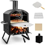 Costway Outdoor Pizzaofen, 2-lagigem Pizza Ofen mit Grillrost, Pizzastein, Pizzaschaufel, wasserdichter Abdeckung, hitzebeständigen Griffen & klap...