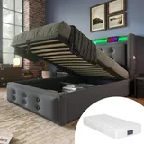 MODFU Boxspringbett Hydraulisches 90x200 cm mit LED-Beleuchtung, Polsterbett Funktionelles mit USB-Ladeanschluss, Stauraumbett mit Bettkasten Staur... - Grau