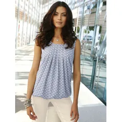 Blusentop INSPIRATIONEN, Damen, Gr. 42, blau (jeansblau, weiß, gemustert), 100% Polyester, gemustert, ethno, Rundhals, ohne Ärmel, Blusen
