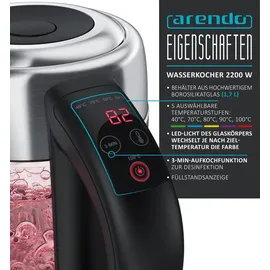 Arendo Wasserkocher 1,7 l, 2200 W, Edelstahl mit Glaskörper, Temperaturwahl 40°C - 100°C, Aufkochfunktion