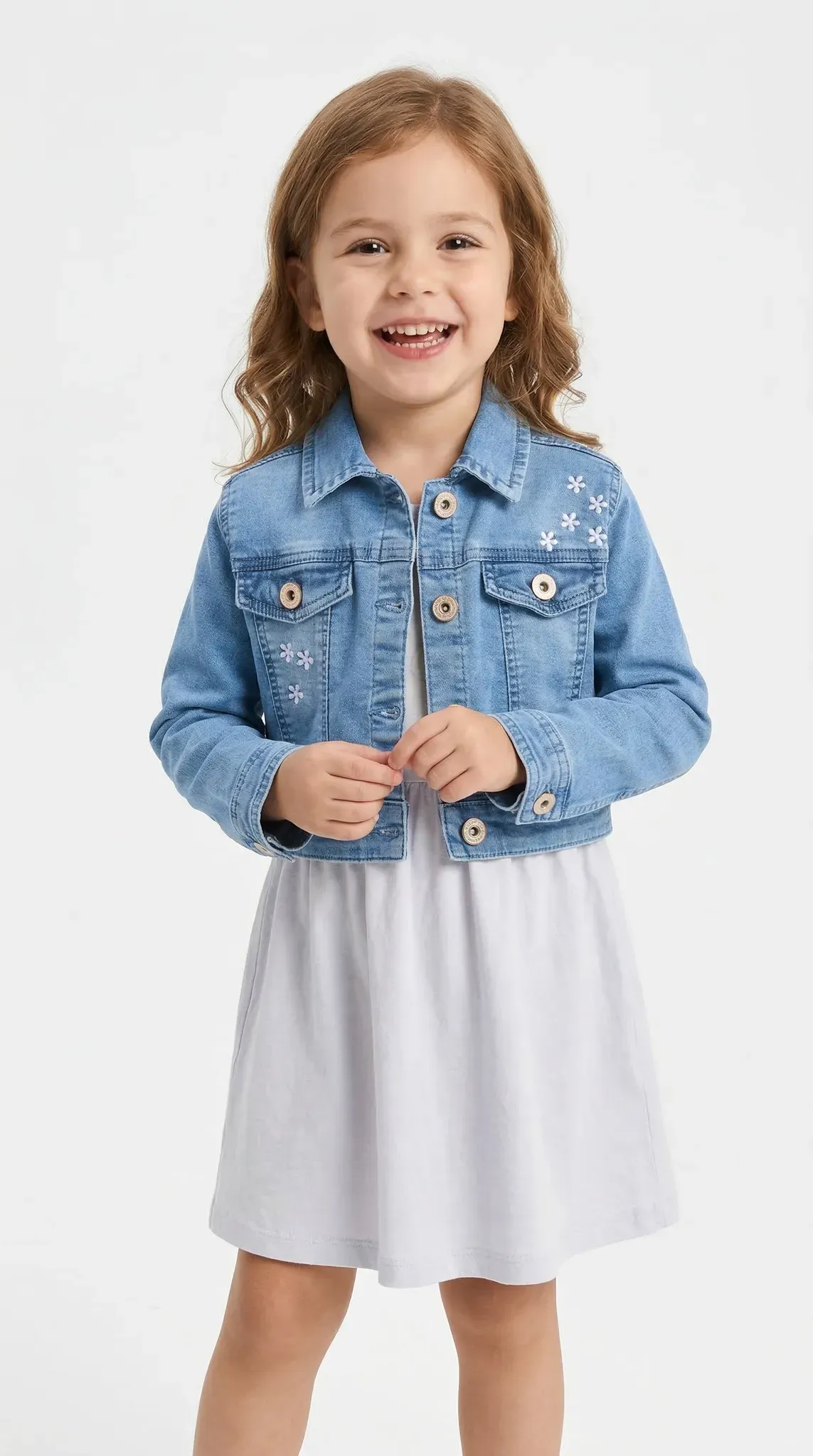 Jeansjacke HAPPY GIRLS, Mädchen, Gr. 116, blau (jeans blau), Denim/Jeans, Obermaterial: 98% Baumwolle, 2% Elasthan, unifarben, regular fit taillenbedeckt, 1-Knopf-Manschette mit Schlitz, Jacken Jeansjacke, mit tollen Blütenstickereien