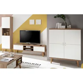 furn.design Wohnwand weiß Eiche Schrankwand, skandinavisch 3 teilig 337 x 197 cm, FSC 100%, Wohnzimmer Wohnwände, Wohnwand-Sets