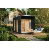 Finntherm Saunahaus Tim Black Gartensauna 3 Sitzbänke Aus Holz In Schwarz, Sauna Mit 72 Mm Wandstärke, Außensauna Mit Montagematerial