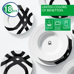 Benetton - Set 18-teiliges Porzellangeschirr, schwarz bedrucktes Logo-Design