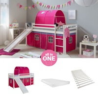 Kinder Hochbett 90x200 cm mit Matratze Rutsche Pink Tunnel Bett Weiß Homestyle4u