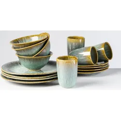 Kombiservice GIPFELSTÜCK "Flussufer", bunt (blau, grün, braun), 16 tlg., Steinzeug, Geschirr-Sets, Reaktivglasur, außergewöhnlicher, visueller Farbverlauf