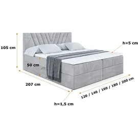 altdecor Boxspringbett mit H4 Matratze und Topper - 180 x 200 cm - ERNINA - Hellgrau Samt - Polsterbett mit Bettkasten und Lattenrost, Bett mit Sta... - Hellgrau